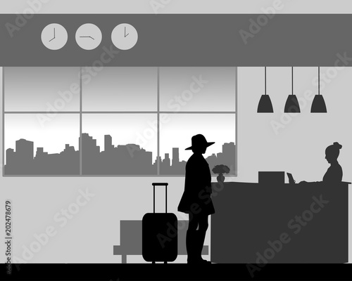 A woman with hat check in or check out at the hotel reception, one in the series of similar images silhouette