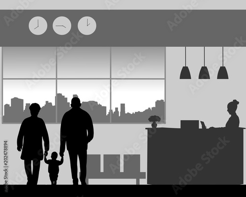 Grandparent with a grandchild in the lobby of the hotel, one in the series of similar images silhouette