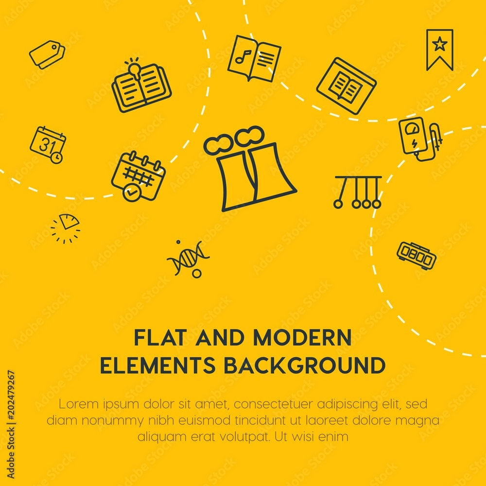 Plakat science, time, bookmarks, education outline vector icons and elements background concept on yellow background.Multipurpose use on websites, presentations, brochures and more