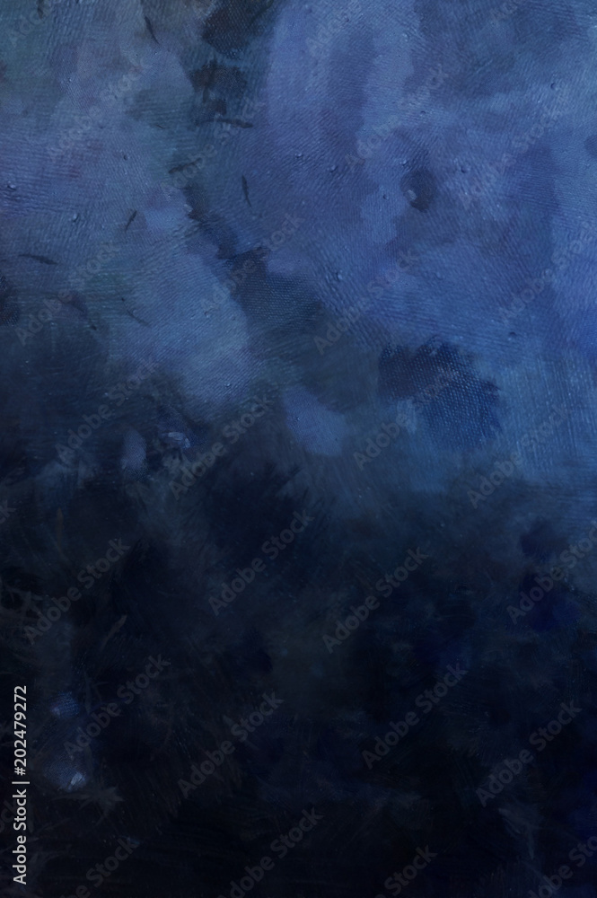 Detailed close-up dark blue grunge abstract background. Dry brush strokes hand drawn oil painting on canvas texture. Creative pattern for graphic work, web design or wallpaper. 
