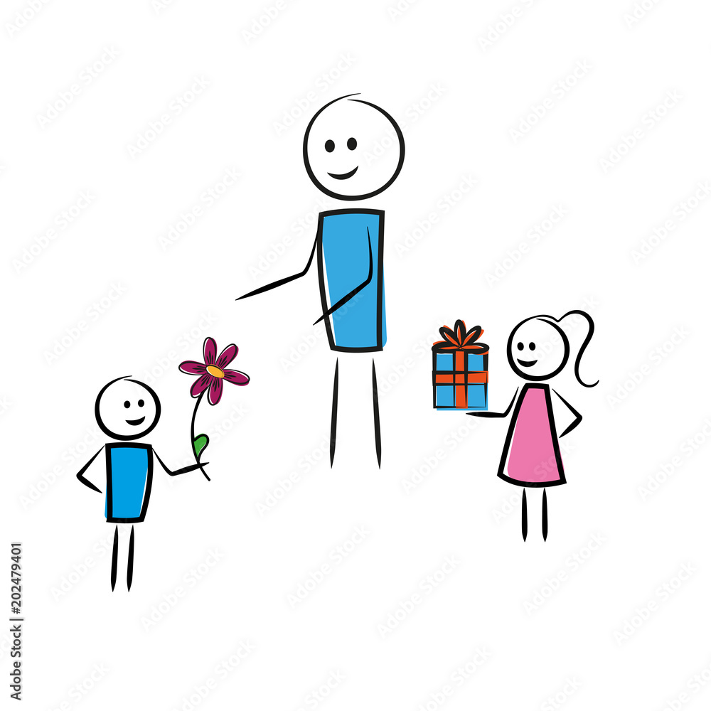 Mann bekommt ein Geschenk und eine Blume von 2 Kindern Mann bekommt ein Geschenk und eine Blume von 2 Kindern