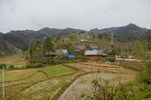 Vietnam. Hmong village with rice fields and mountains at Lao Cai province near Sapa.