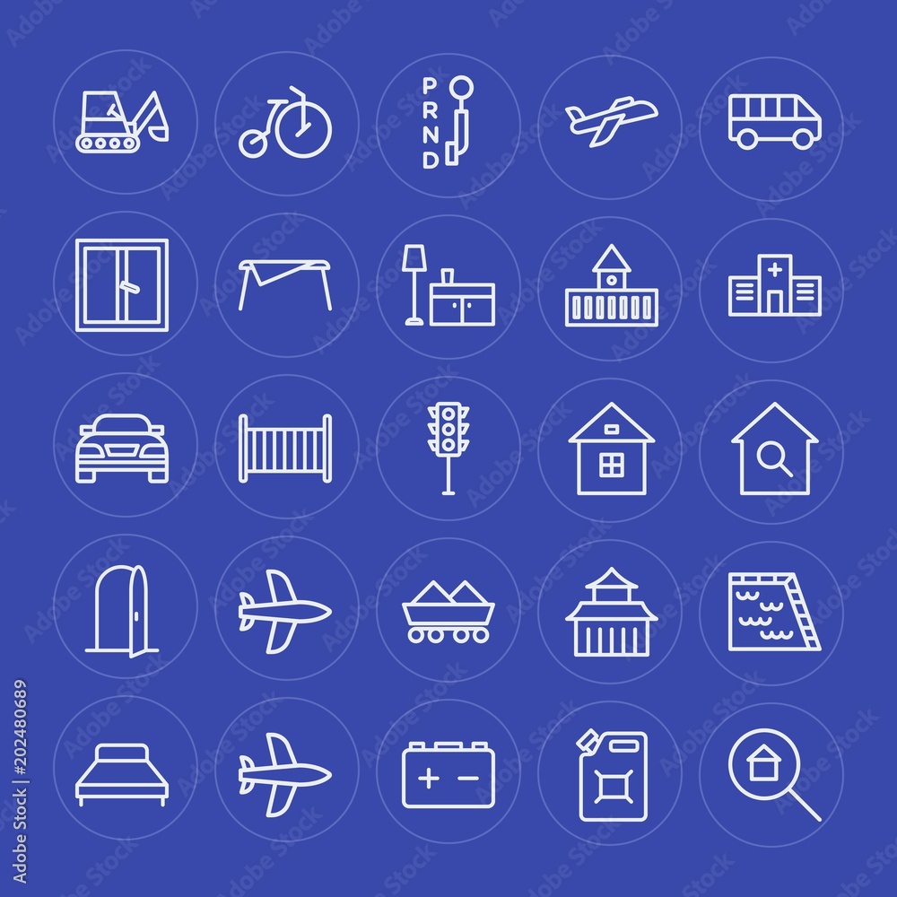 Modern Simple Set of transports, industry, buildings, furniture Vector outline Icons. Contains such Icons as  shovel,  blue, bed,  small and more on blue background. Fully Editable. Pixel Perfect.