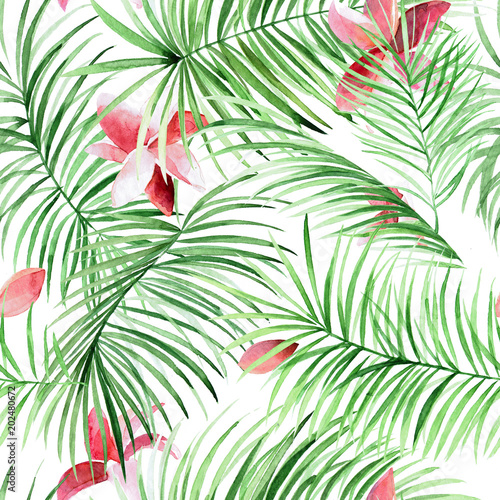 Fototapeta Naklejka Na Ścianę i Meble -  Watercolor palm leaves and tropical flowers pattern. Green exotic background for your design.