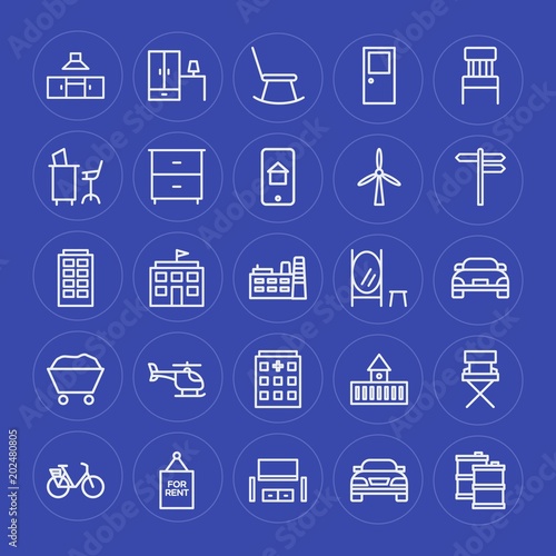 Modern Simple Set of transports, industry, buildings, furniture Vector outline Icons. Contains such Icons as modern, home, auto, fuel, car and more on blue background. Fully Editable. Pixel Perfect.