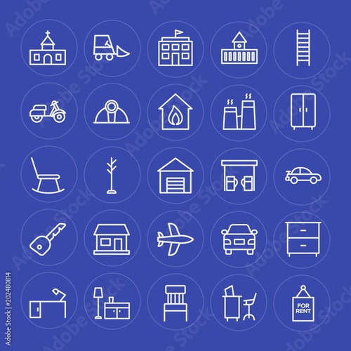 Modern Simple Set of transports, industry, buildings, furniture Vector outline Icons. Contains such Icons as architecture, interior, car and more on blue background. Fully Editable. Pixel Perfect.