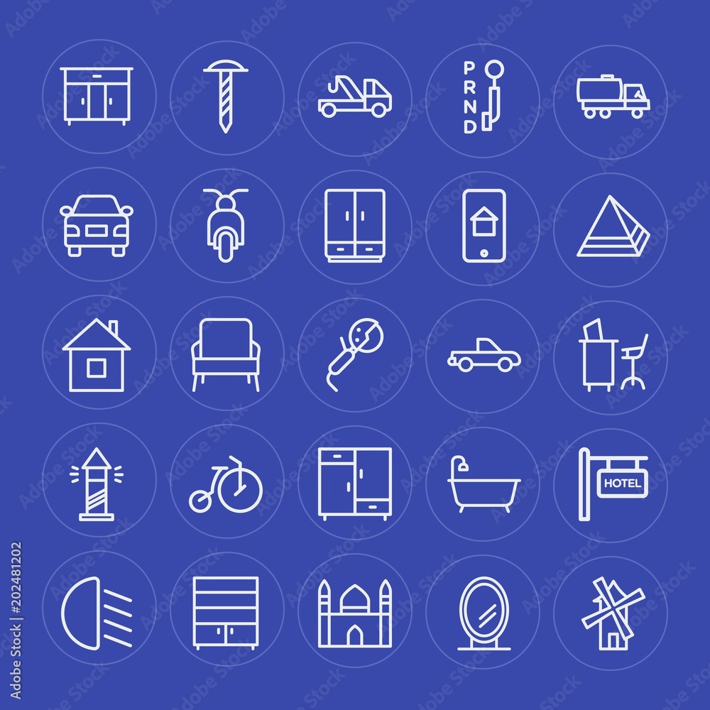 Modern Simple Set of transports, industry, buildings, furniture Vector outline Icons. Contains such Icons as  text, bedroom,  auto, light and more on blue background. Fully Editable. Pixel Perfect.