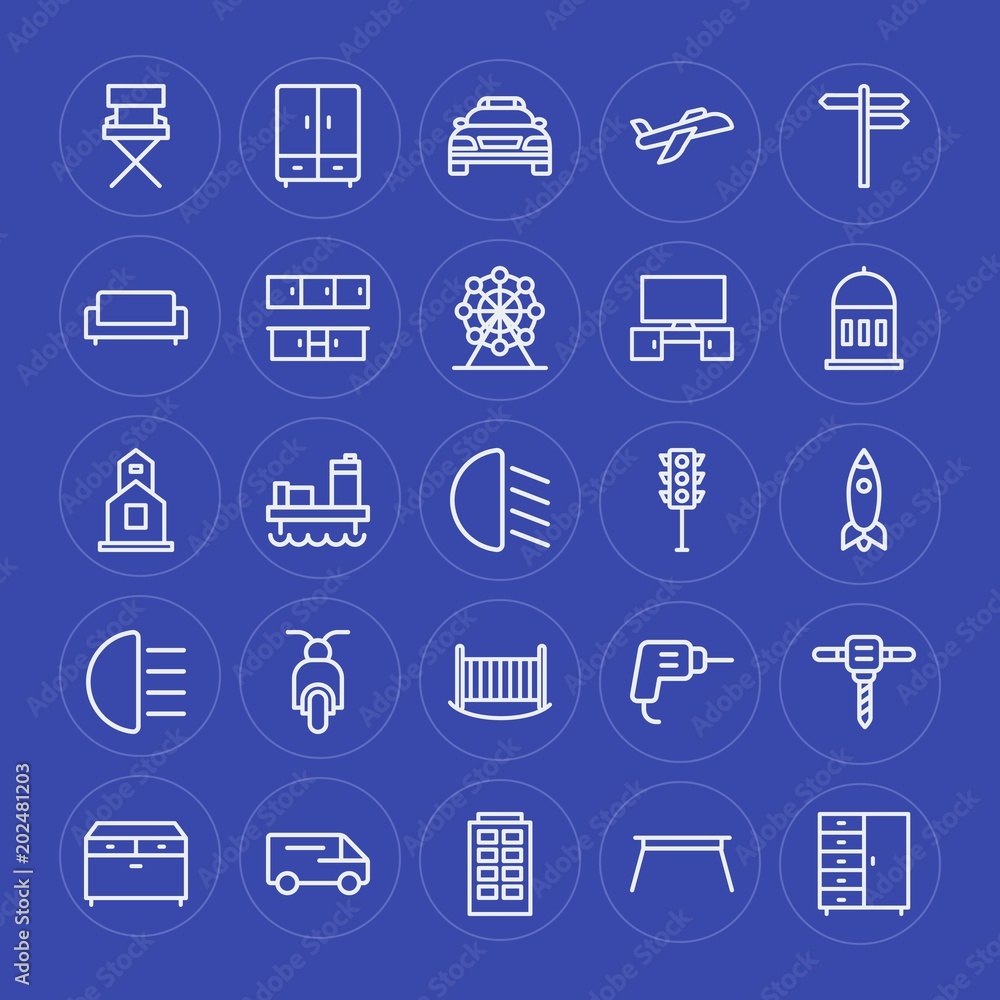 Modern Simple Set of transports, industry, buildings, furniture Vector outline Icons. Contains such Icons as  emergency,  interior, oil, car and more on blue background. Fully Editable. Pixel Perfect.