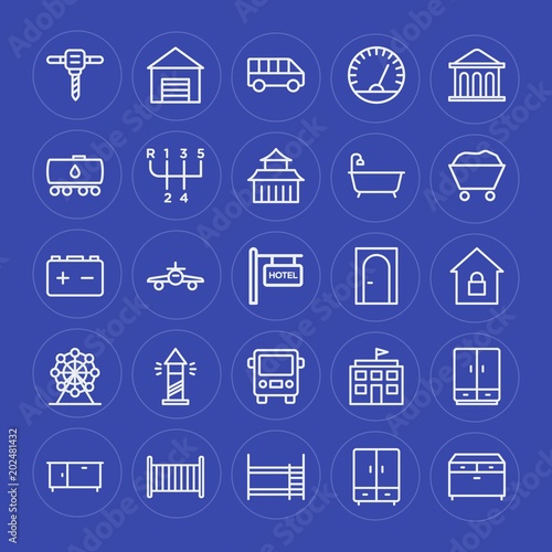 Modern Simple Set of transports, industry, buildings, furniture Vector outline Icons. Contains such Icons as  measure,  furniture,  bedroom and more on blue background. Fully Editable. Pixel Perfect.