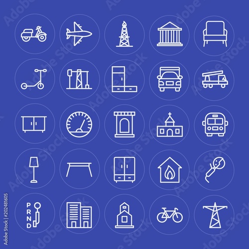 Modern Simple Set of transports, industry, buildings, furniture Vector outline Icons. Contains such Icons as tower, motorbike, faith, sky and more on blue background. Fully Editable. Pixel Perfect.