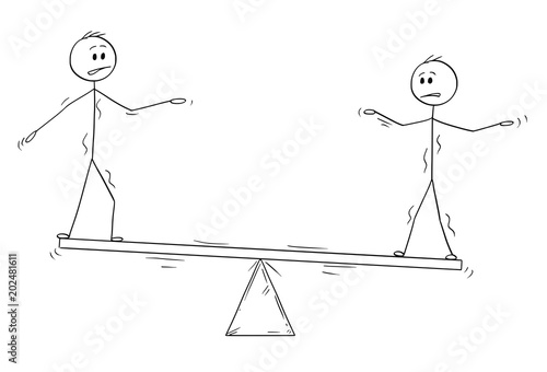 Cartoon stick man drawing conceptual illustration of two businessmen standing on seesaw trying to balance. Business concept of teamwork and individuality effort.