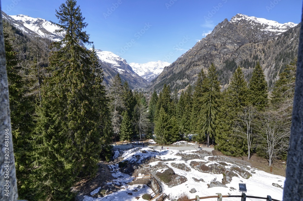Gressoney-Saint-Jean, Valle d'Aosta region, Italy. 25 April 2018. Castel Savoia. From its towers is visible the beautiful landscape of the valley and the mountain called Monterosa.