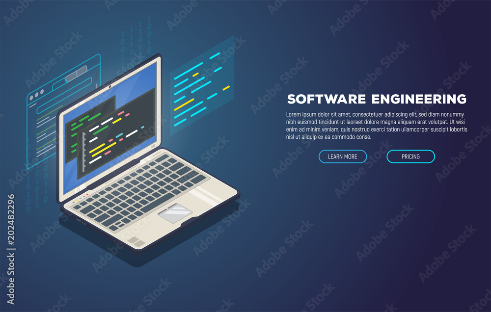 Isometric laptop with software for development. Soft, web or game development software. Web pages and window, binary code, and site. Coding notebook concept. Isometric laptop with software for development. Soft, web or game development software. Web pages and window, binary code, and site. Coding notebook concept.