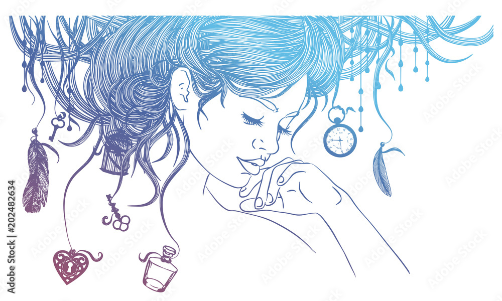 in the girl's hair hang different things, a beautiful girl with an unusual hairdo, in the girl's hair hang different things, a beautiful girl with an unusual hairdo,