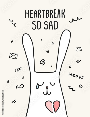 Sad crying rabbit with broken heart. Cartoon animal flat vector illustration