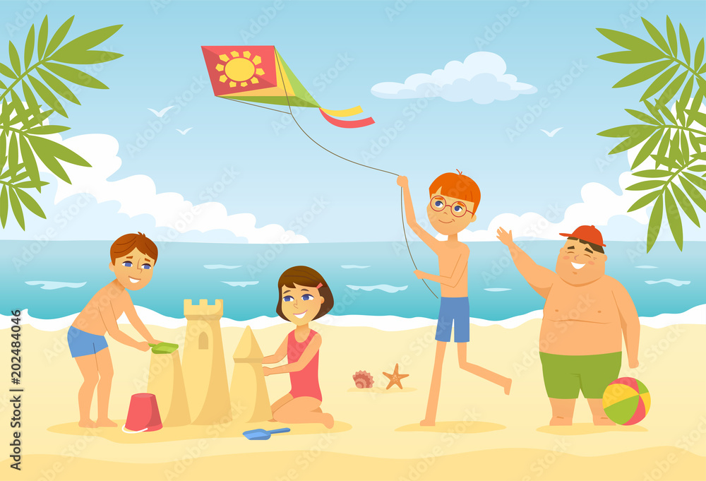 Happy children on the beach - cartoon people character illustration