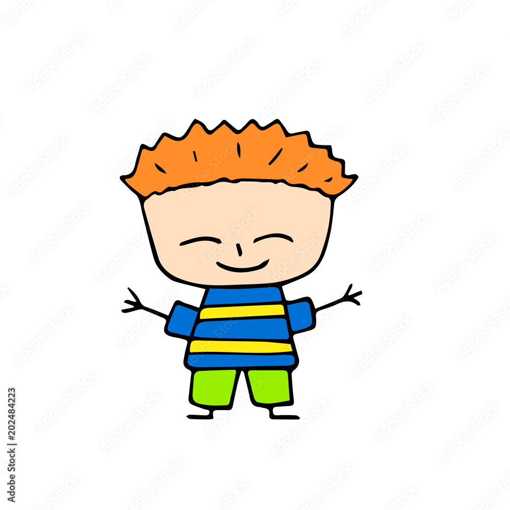 Smiling boy with red hair hand-drawn vector on white background. Funny boy smiling cartoon character. Smiling boy with red hair hand-drawn vector on white background. Funny boy smiling cartoon character.