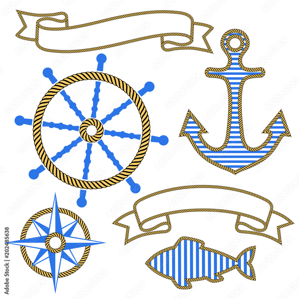 Set of nautical design elements. Anchor, steering wheel, compass, fish,  ribbons circled the rope. Vector illustration. Stock Vector