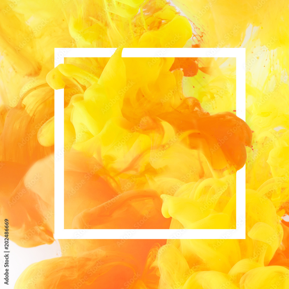 creative design with flowing yellow and orange paint in white square frame - obrazy, fototapety, plakaty 
