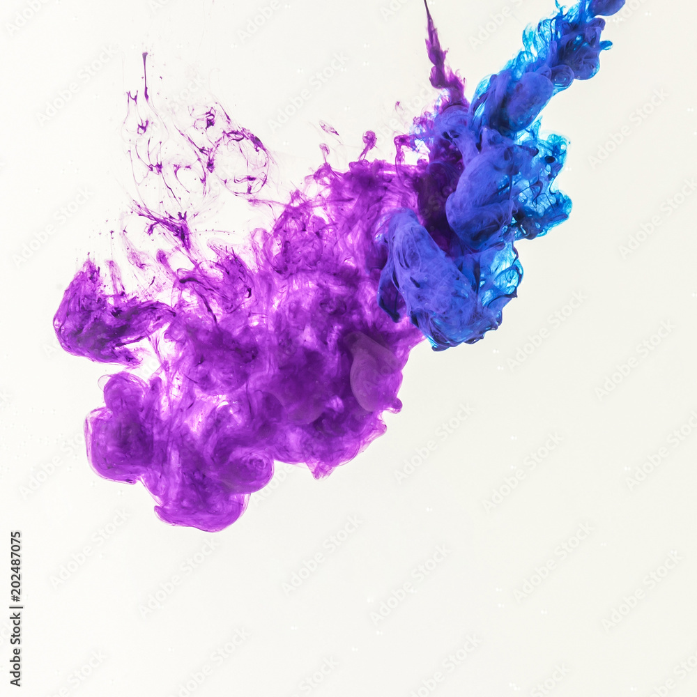 smoky splashes of blue and purple paint in water, isolated on white