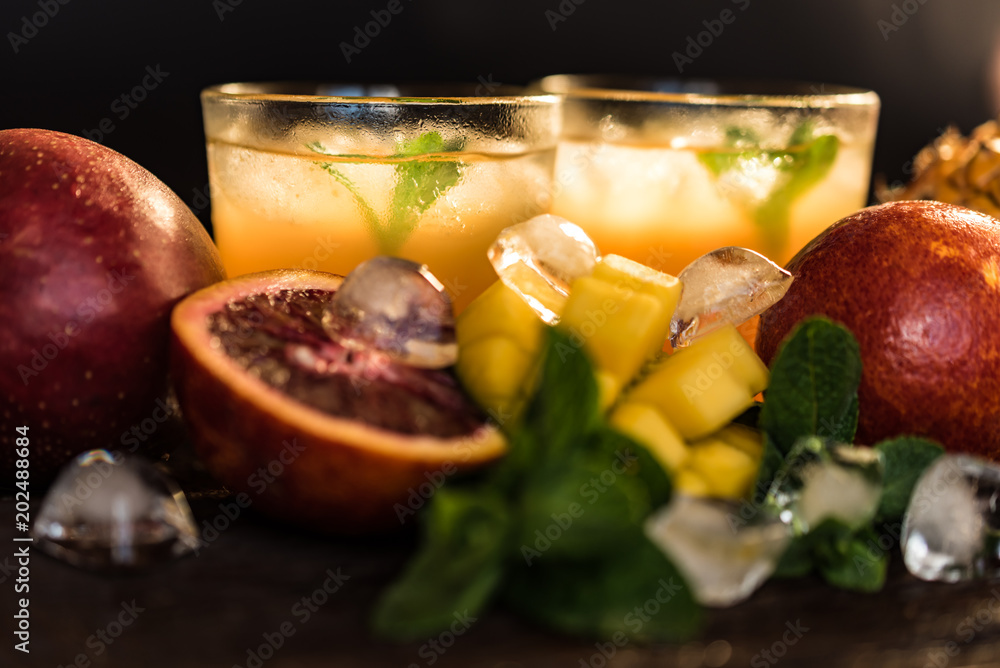 Glasses of juices. Refreshments and summer drinks. Glasses of juices. Refreshments and summer drinks.