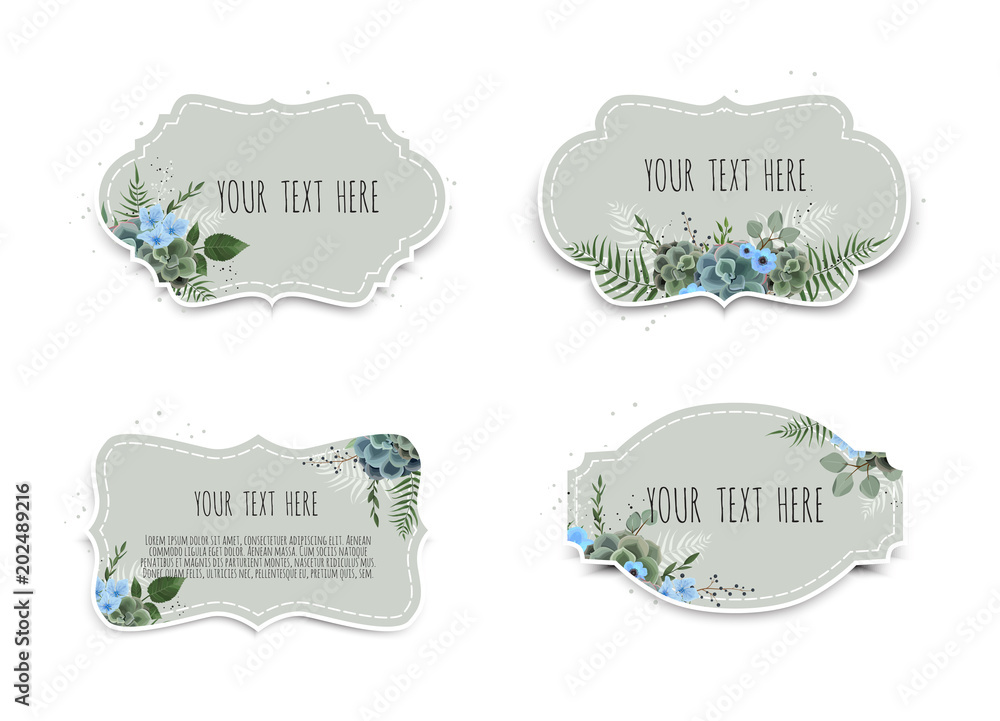 Vector labels set with flowers. Frame border with copy space