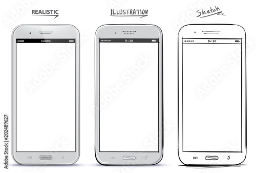 Mobile Phone Vector Drawing With Different Styles. Realistic, Illustration and Sketch alternatives.