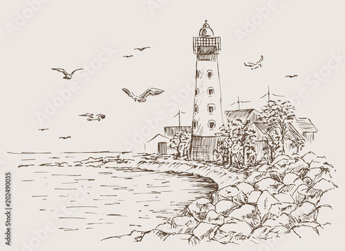 Landscape sketch of the lighthouse and the sea. Gulls, trees, house. Lighthouse sketch. Hands drawn to the rocky beach. Vectory illustration.