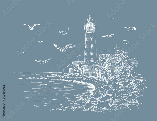 Landscape Lighthouse. Sea and seagulls sketch. Hand painted lighthouse and the sea. Rocky shore graphics. Vector illustration.