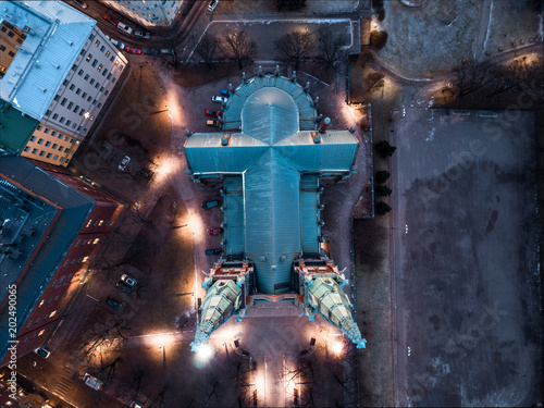 Aerial view, St. John's Church (Johanneksenkirkko) on sunset background, Helsinki, Finland photo