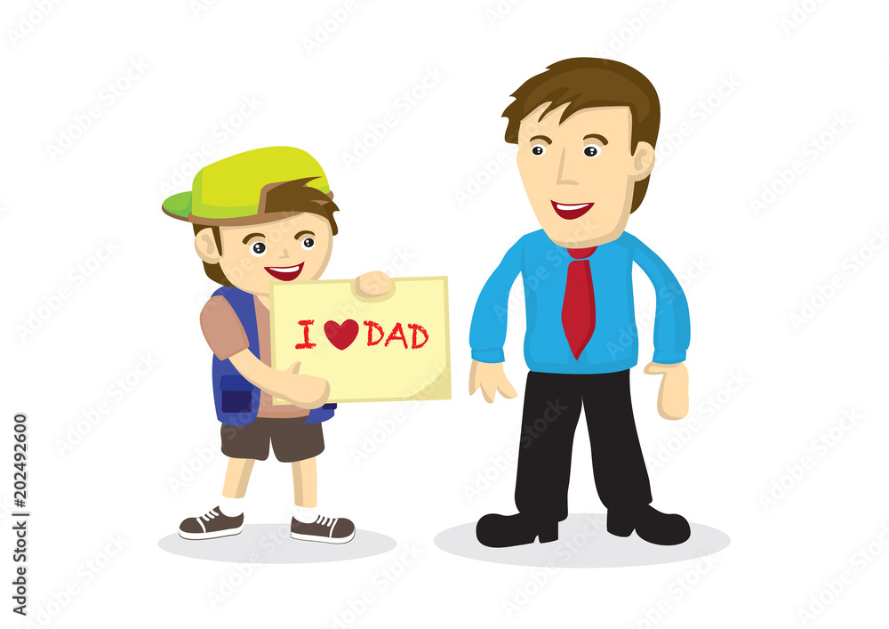 Vector cartoon illustration a child giving a hand drawn card to his father.