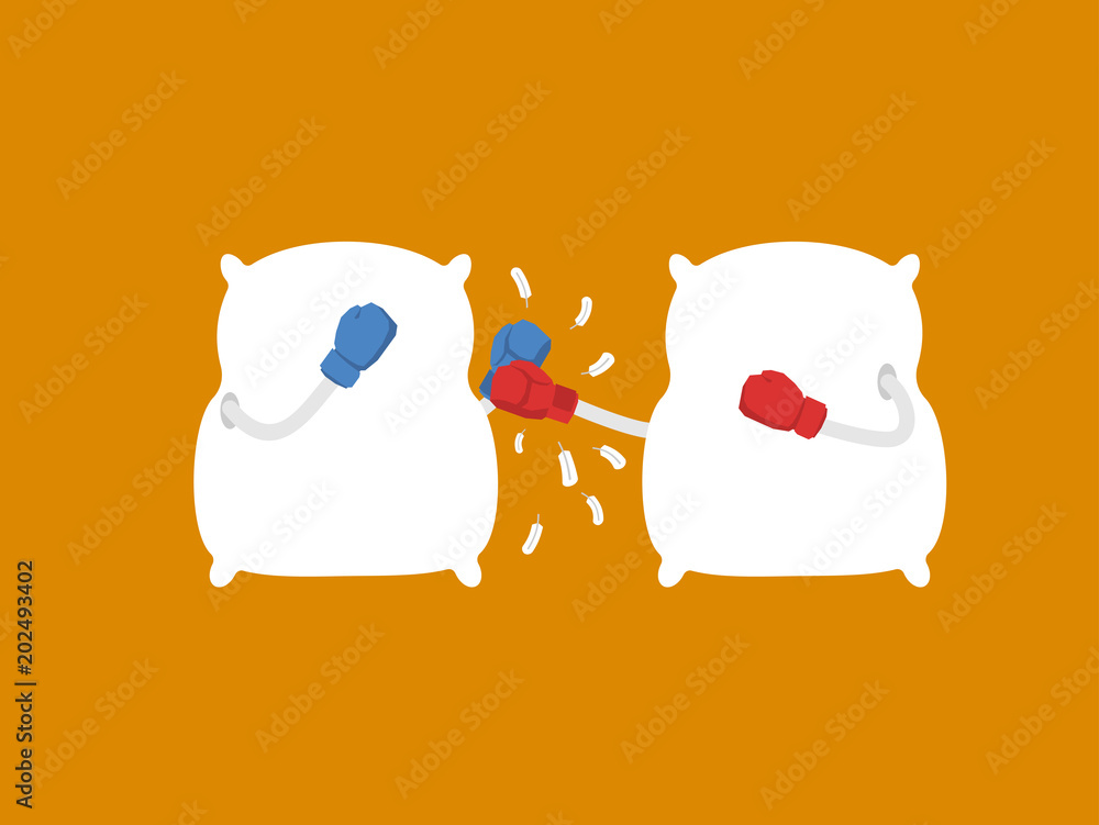 Fototapeta premium Pillow fight. Strong cushions in boxing gloves. Duel bed linen. Vector illustration
