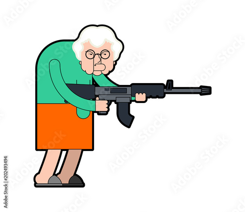 Grandmother and gun. Evil Grandma Gangster with weapon. Angry crime Old lady with machine gun. Vector illustration