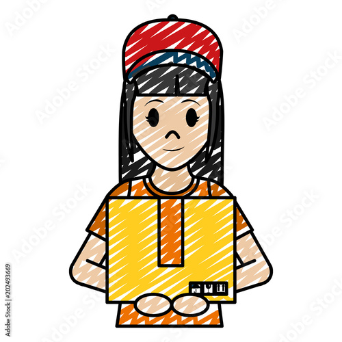 doodle delivery woman with cap and box package