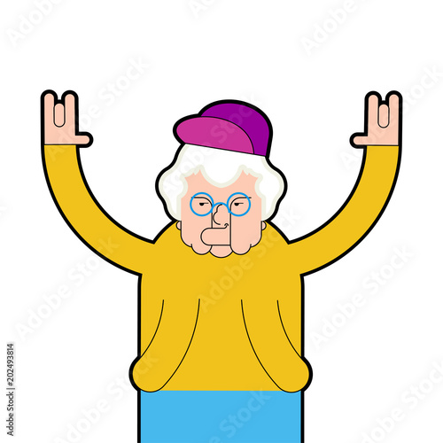 Grandmother cool. Grandma Rock Hand sign. Old lady In cap. Vector illustration