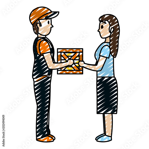 doodle man delivering package service to woman
