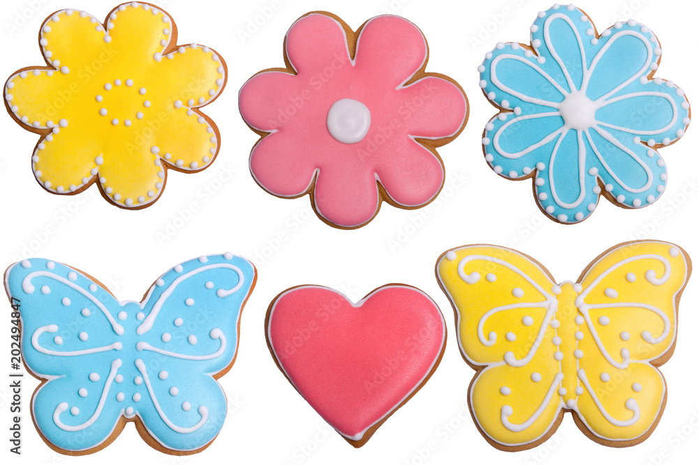 Obraz premium Set of gingerbreads with colored glaze on isolated closeup