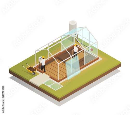 Greenhouse Facility Construction Isometric Composition 