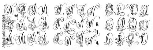 calligraphy letters set M, N and O, script font
