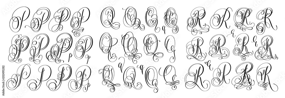 calligraphy letters set P, Q and R, script font calligraphy letters set P, Q and R, script font