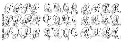 calligraphy letters set P, Q and R, script font