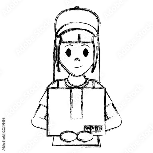 grunge delivery woman with cap and box package