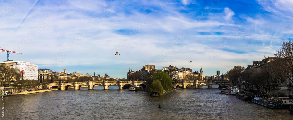 Panoramic view of the famous Pont Neuf during a beautiful day of early spring, Paris, France.