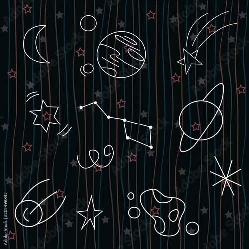 Bright card space, with the image of a comets, stars, rockets, planets, vector illustration