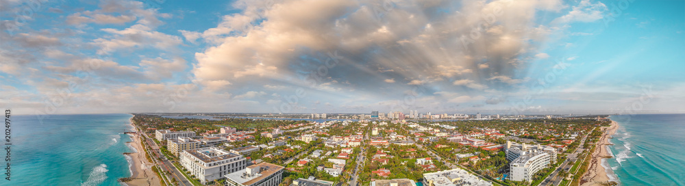 Panoramic aerial view of Palm Beach oceanfront at sunset, Florida