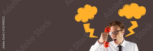 Foto Angry man on phone with lightning strike doodles