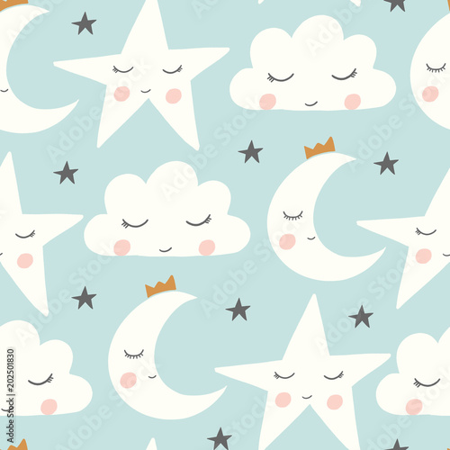 vector sleepy moon, cloud, star in blue seamless repeat pattern background