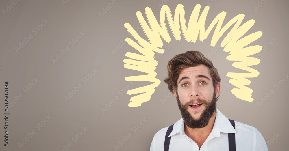 Fotografie Surprised man with doodles on brown background