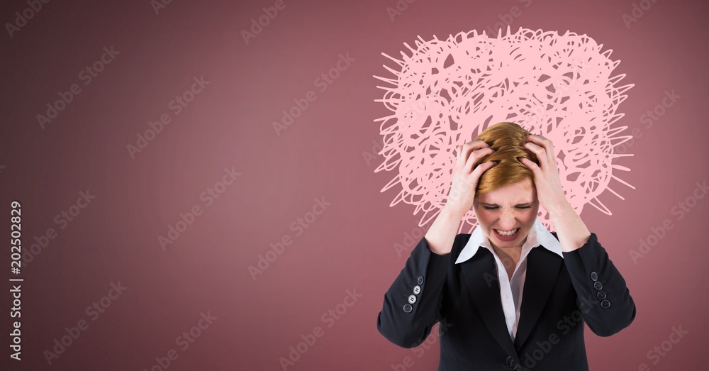 Fotografie Stressed woman with pink scribble doodles