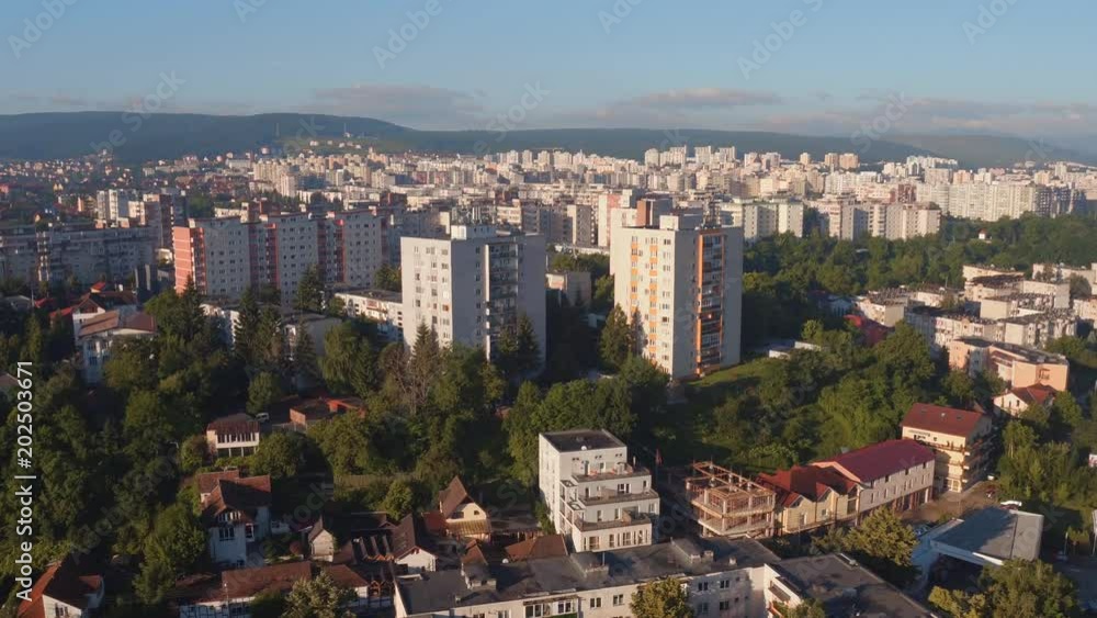 Aerial view of apartment blocks and houses Aerial view of apartment blocks and houses